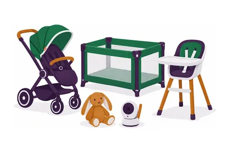 Ilustração: carrinho, cadeirinha, berço portátil e babá eletrônica