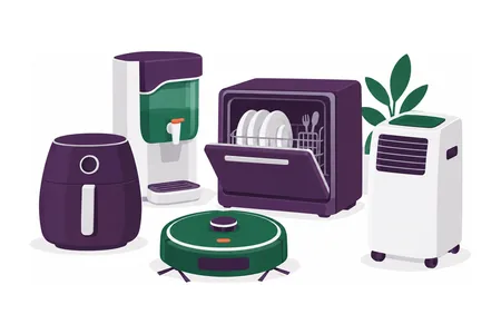 Ilustração: air fryer, purificador, robô aspirador e ar portátil