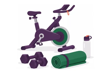 Ilustração: bike, esteira, halteres e estação para treinar em casa